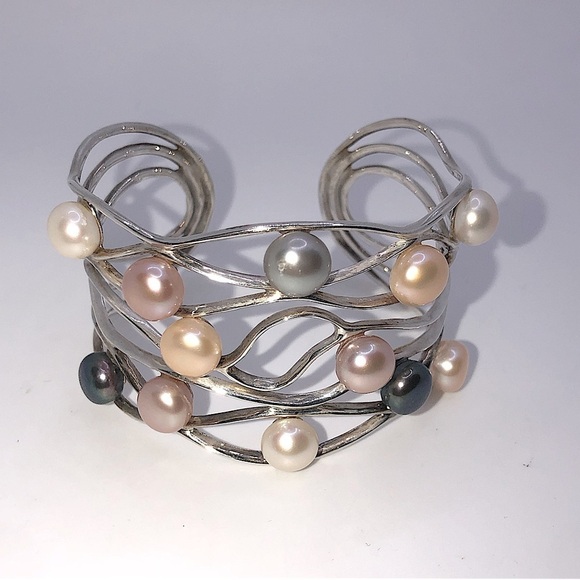 STERLING Silver & Pearl Multi Colour Pearls wide Cuff Bracelet 7” / 44g - Picture 4 of 12